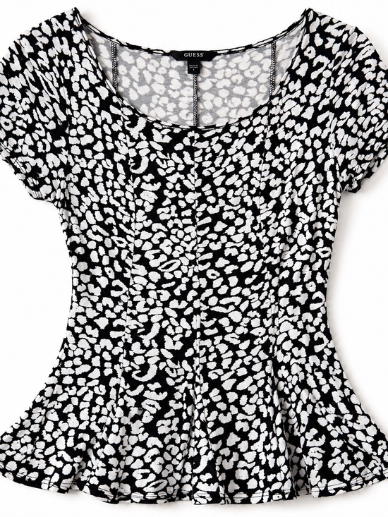 Guess Tops - GUESS Black White Animal Print Peplum Top Size Small Stretch Scoop Neck